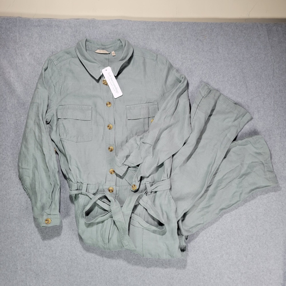 Soft Surroundings Jumpsuit Womens 12 Green Linen Kerry Coastal Resort Cruise
